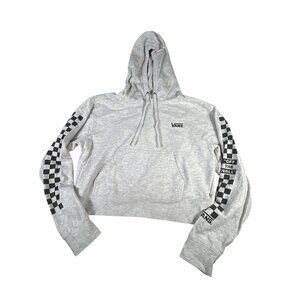 Vans Cropped Gray Hoodie Women's Sz L Checkerboard Sleeve Design & Logo Print